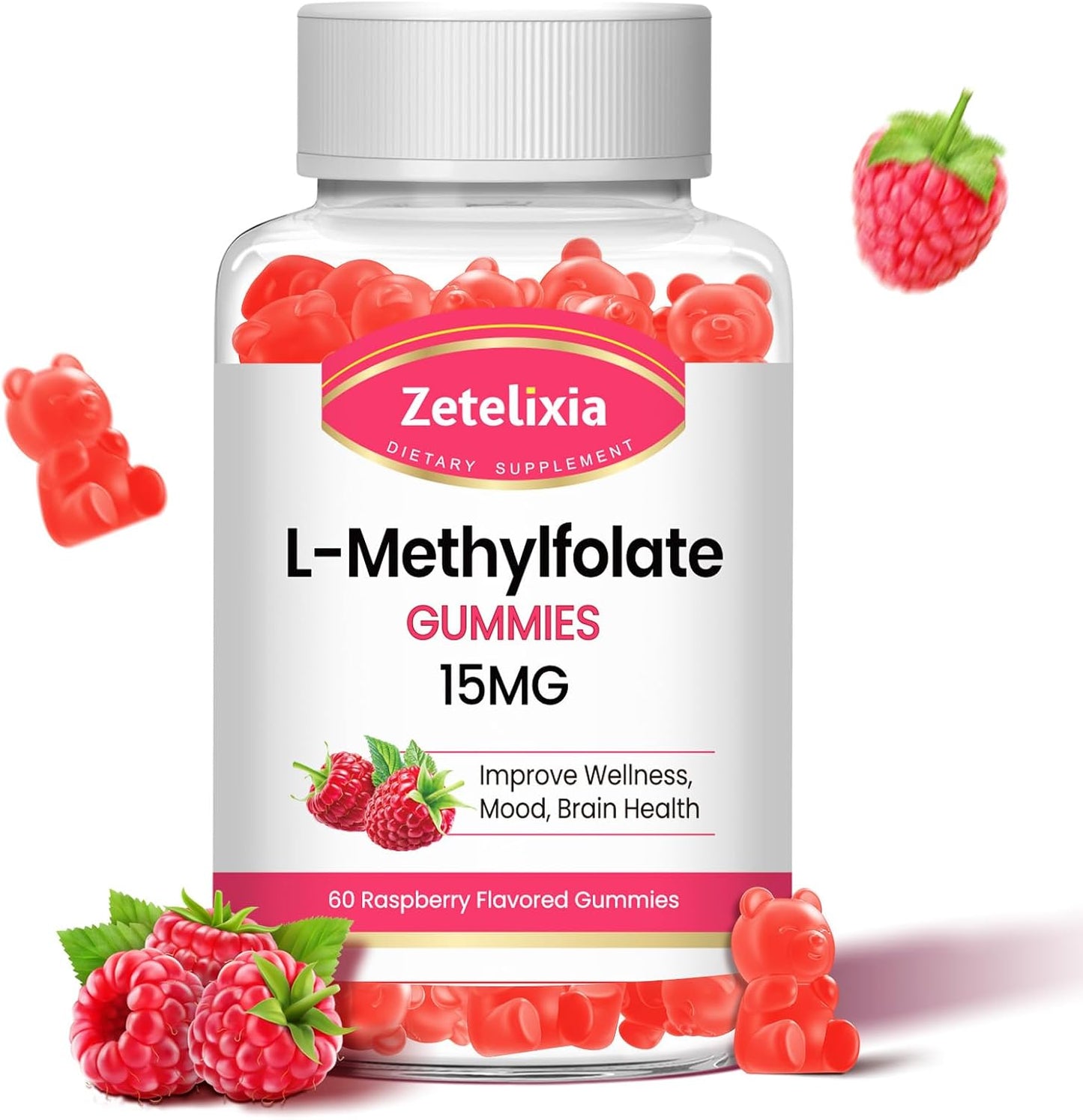 L-Methylfolate 15mg & Methyl B12 Gummies - Sugar Free, Vegan, Raspberry Flavour (60 Count) - görsel 1
