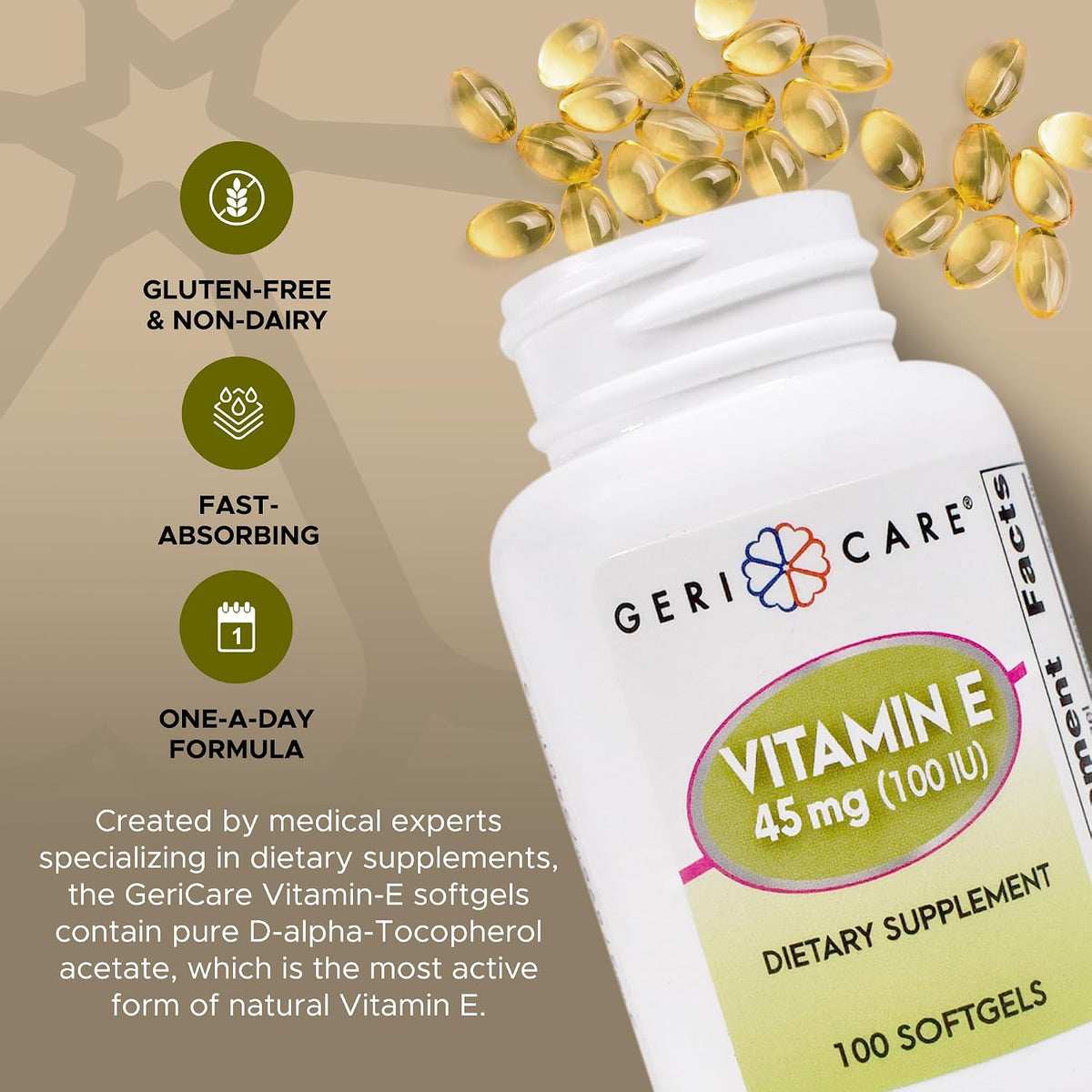 GeriCare High-Potency Vitamin E Capsules – 100 IU for Skin & Immune Support, 45mg | 100 Count - görsel 3