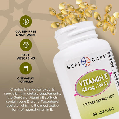 GeriCare High-Potency Vitamin E Capsules – 100 IU for Skin & Immune Support, 45mg | 100 Count