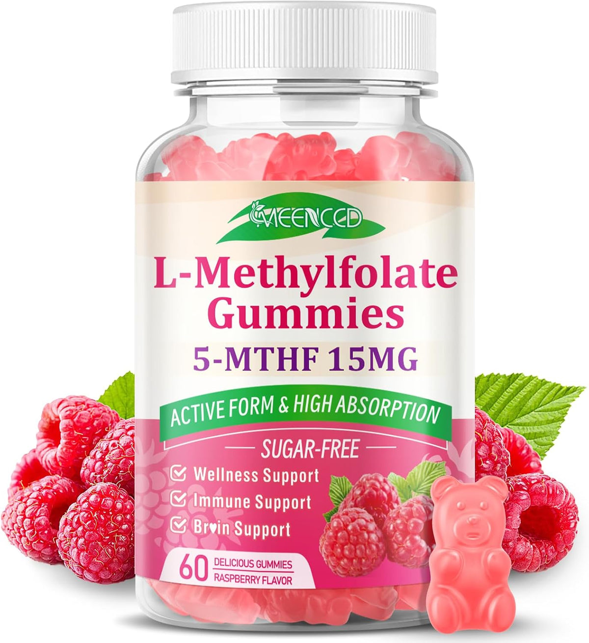 MEENCCD 2 Pack L-Methylfolate Gummies - Active 5-MTHF Supplement - Vegan, Raspberry Flavour (120 Count) - görsel 9