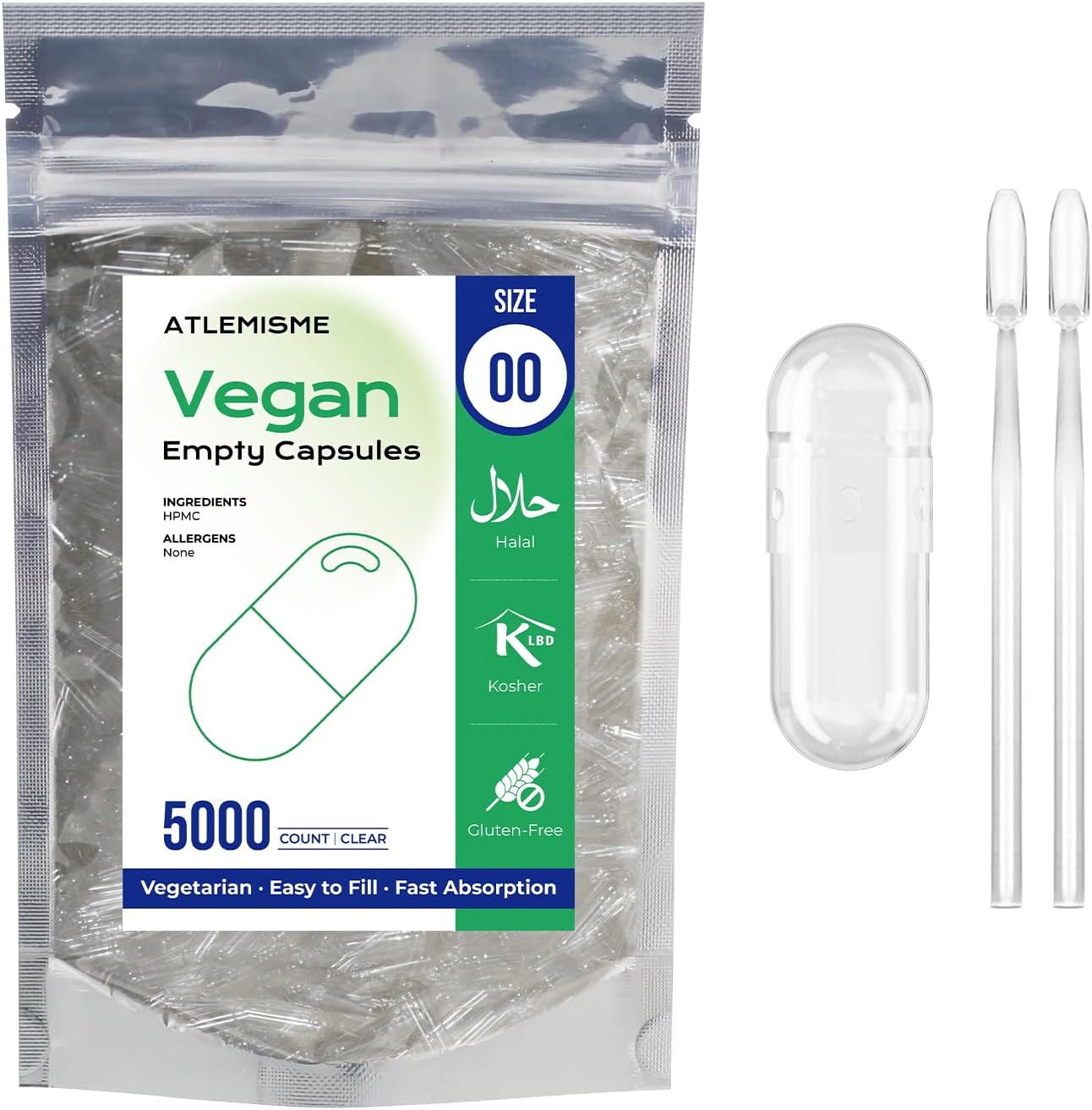 ATLEMISME Empty Vegan Capsules Size 00 - 5000 Count with 2 Micro Lab Spoons - görsel 1