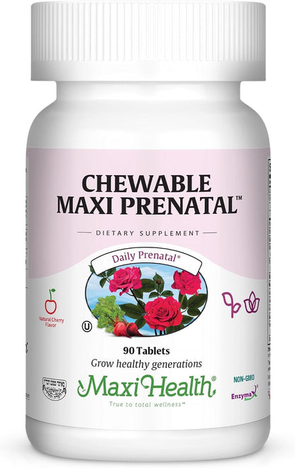 Maxi Health Chewable Prenatal Vitamins for Women – Prenatal with Iron, Biotin, Pantothenic Acid, & Magnesium – Kosher, Cherry Flavour Pregnancy Vitamins – 90 Tablets