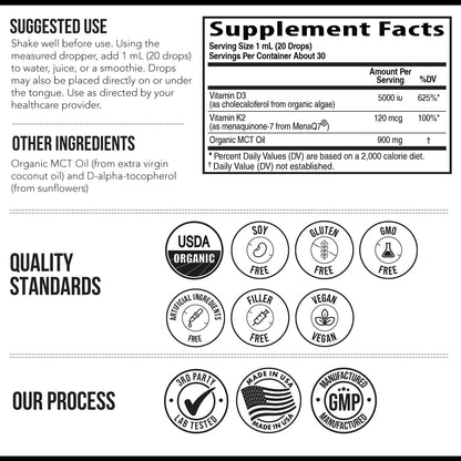 Organic Plant D3 + K2 (5000 IU D3 & 120 mcg K2) – All-Trans MK7 MenaQ7 – Sublingual Drops – Vegan & Organic