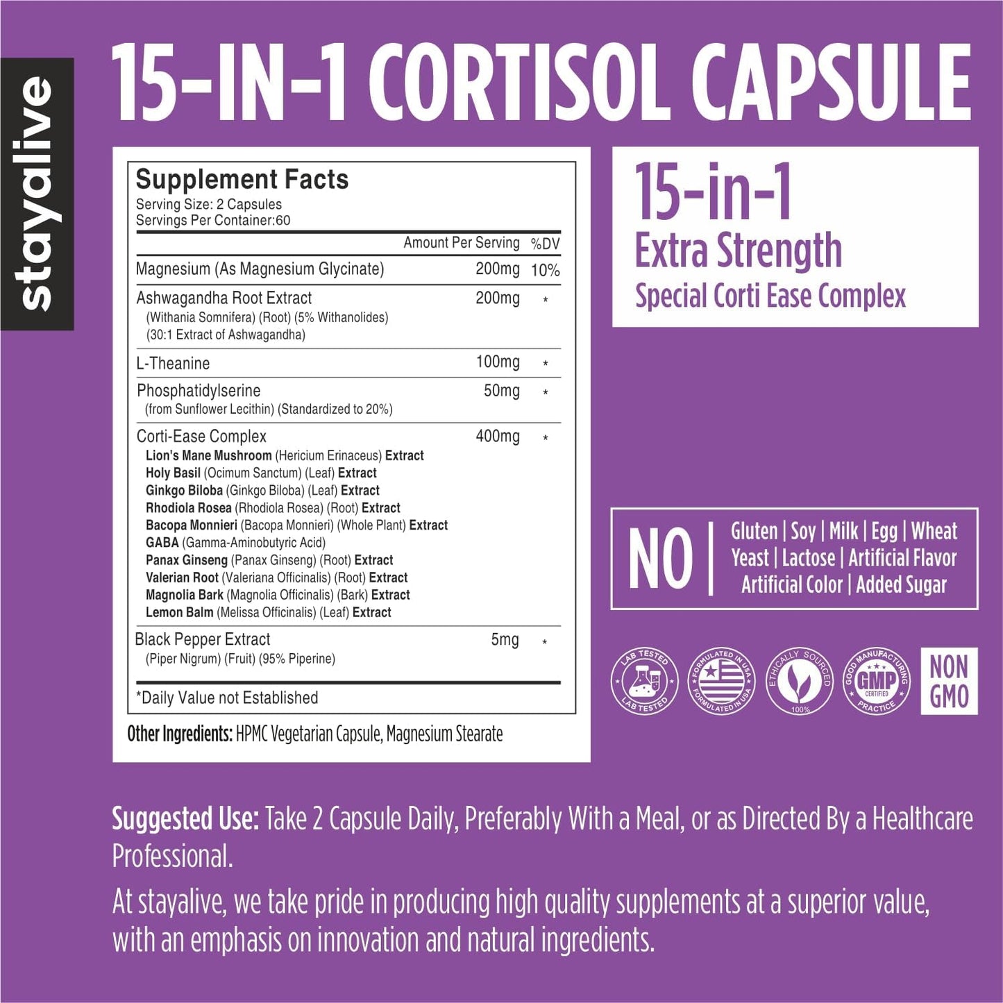 STAY ALIVE Cortisol Manager Supplement 15-in-1 Complex – 120 Vegan Capsules - görsel 3