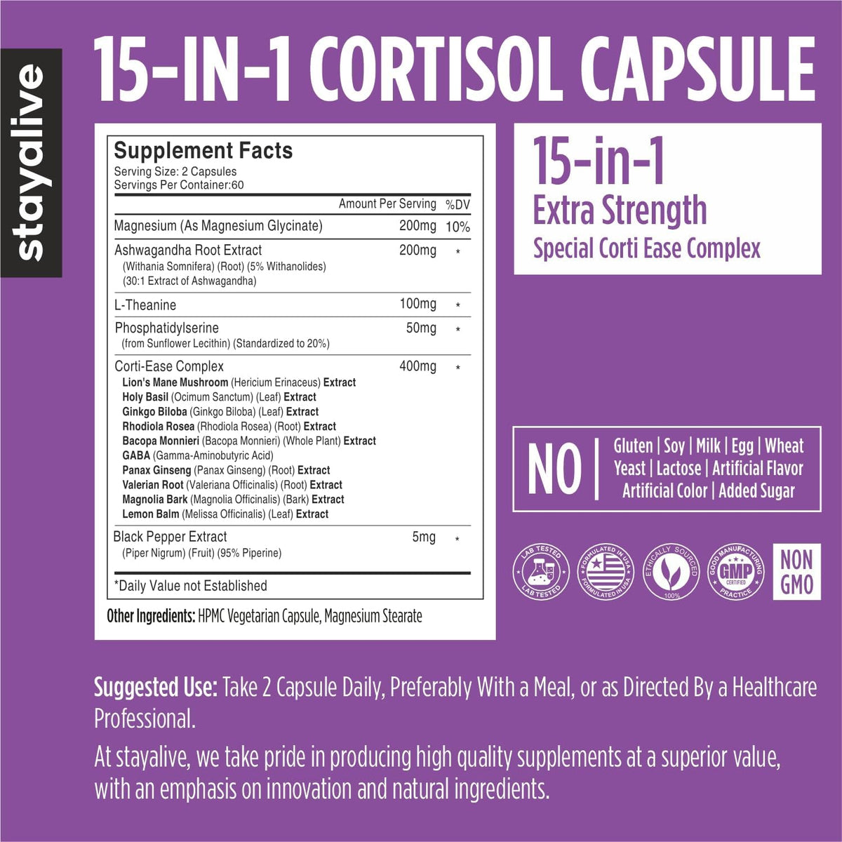 STAY ALIVE Cortisol Manager Supplement 15-in-1 Complex – 120 Vegan Capsules - görsel 3