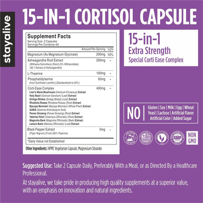 STAY ALIVE Cortisol Manager Supplement 15-in-1 Complex – 120 Vegan Capsules