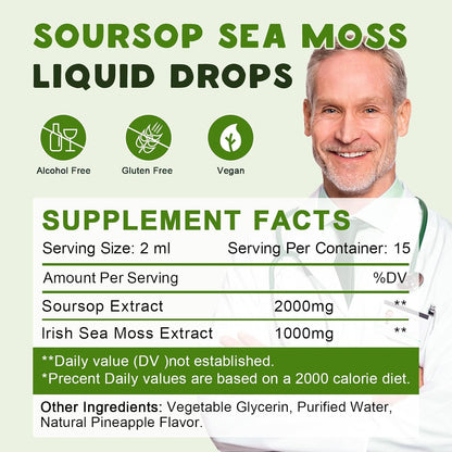 Organic Soursop Graviola with Sea Moss Liquid Drops, Pineapple Flavour (118 ml)