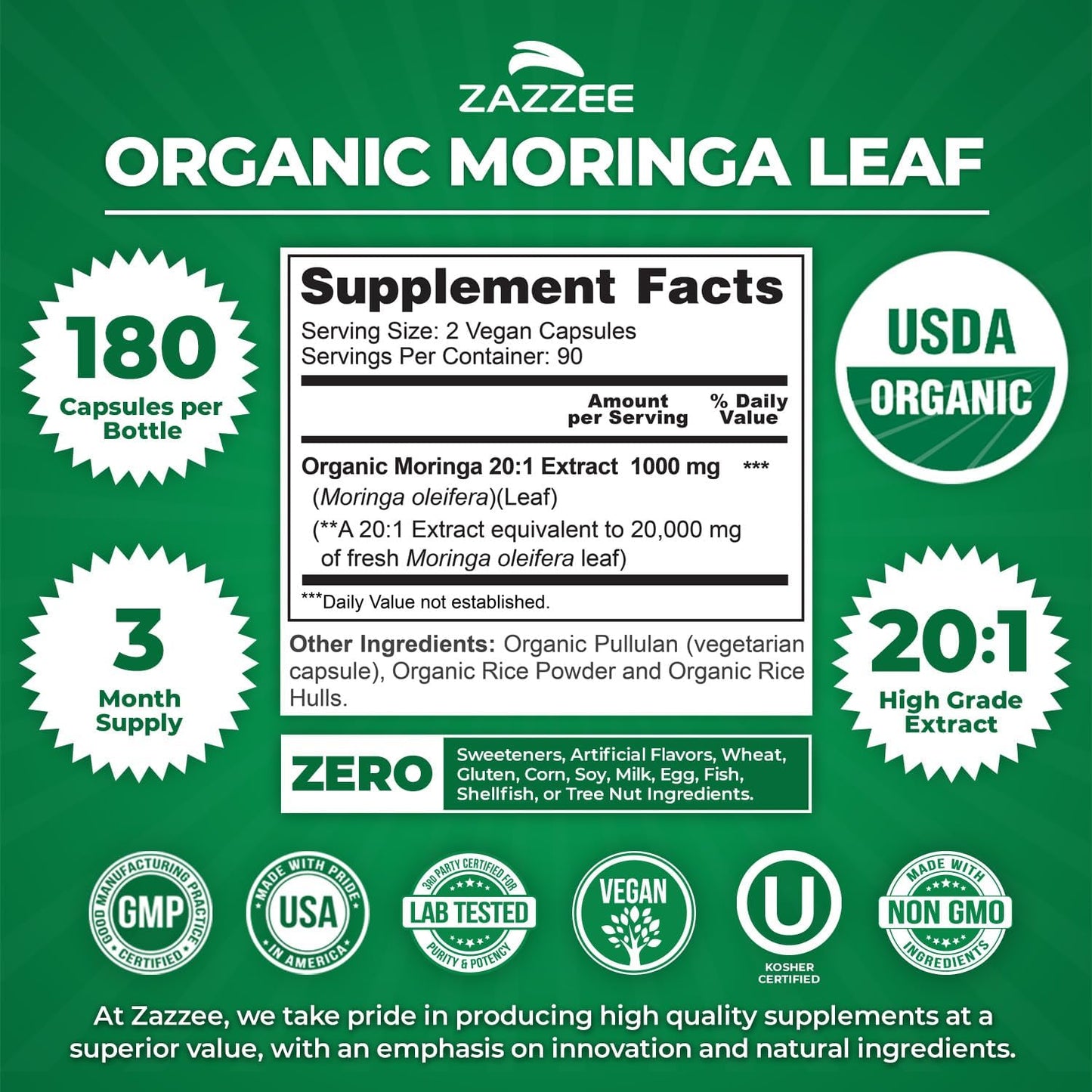 Zazzee Certified Organic Moringa Leaf 20:1 Extract - 180 Vegan Capsules - görsel 3