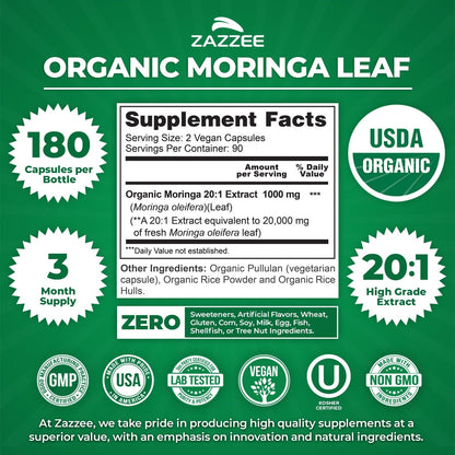 Zazzee Certified Organic Moringa Leaf 20:1 Extract - 180 Vegan Capsules