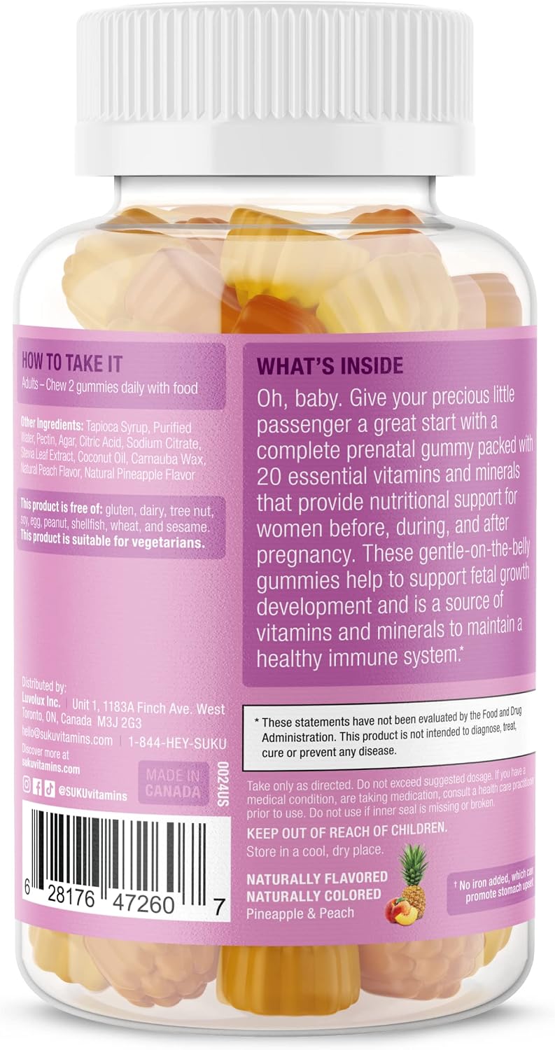 SUKU Prenatal Multivitamin Gummies – Folate, Calcium, Vitamin D3, B12, K2 – Sugar-Free, Vegetarian, Gluten-Free – Pineapple Peach – 60 Count - görsel 3