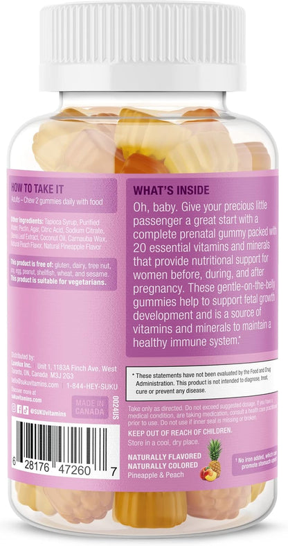 SUKU Prenatal Multivitamin Gummies – Folate, Calcium, Vitamin D3, B12, K2 – Sugar-Free, Vegetarian, Gluten-Free – Pineapple Peach – 60 Count