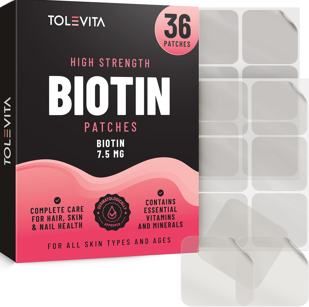 TOLEVITA Biotin Patches – 36 Patches | 7.5 mg Biotin with Essential Vitamins & Minerals for Hair, Skin & Nails - görsel 1