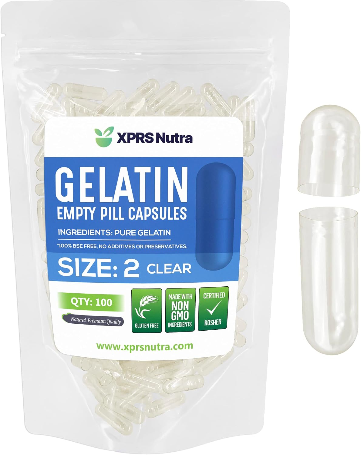 XPRS Nutra Size 2 Empty Capsules - 100 Count Clear Gelatine Capsules - DIY Capsule Filling - Pure Bovine Gel Caps for Homemade Supplements - görsel 1
