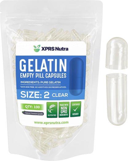 XPRS Nutra Size 2 Empty Capsules - 100 Count Clear Gelatine Capsules - DIY Capsule Filling - Pure Bovine Gel Caps for Homemade Supplements