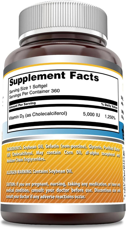 Amazing Formulae Vitamin D3 (Cholecalciferol) 5000 IU Supplement - Non-GMO, Gluten-Free - 360 Softgels