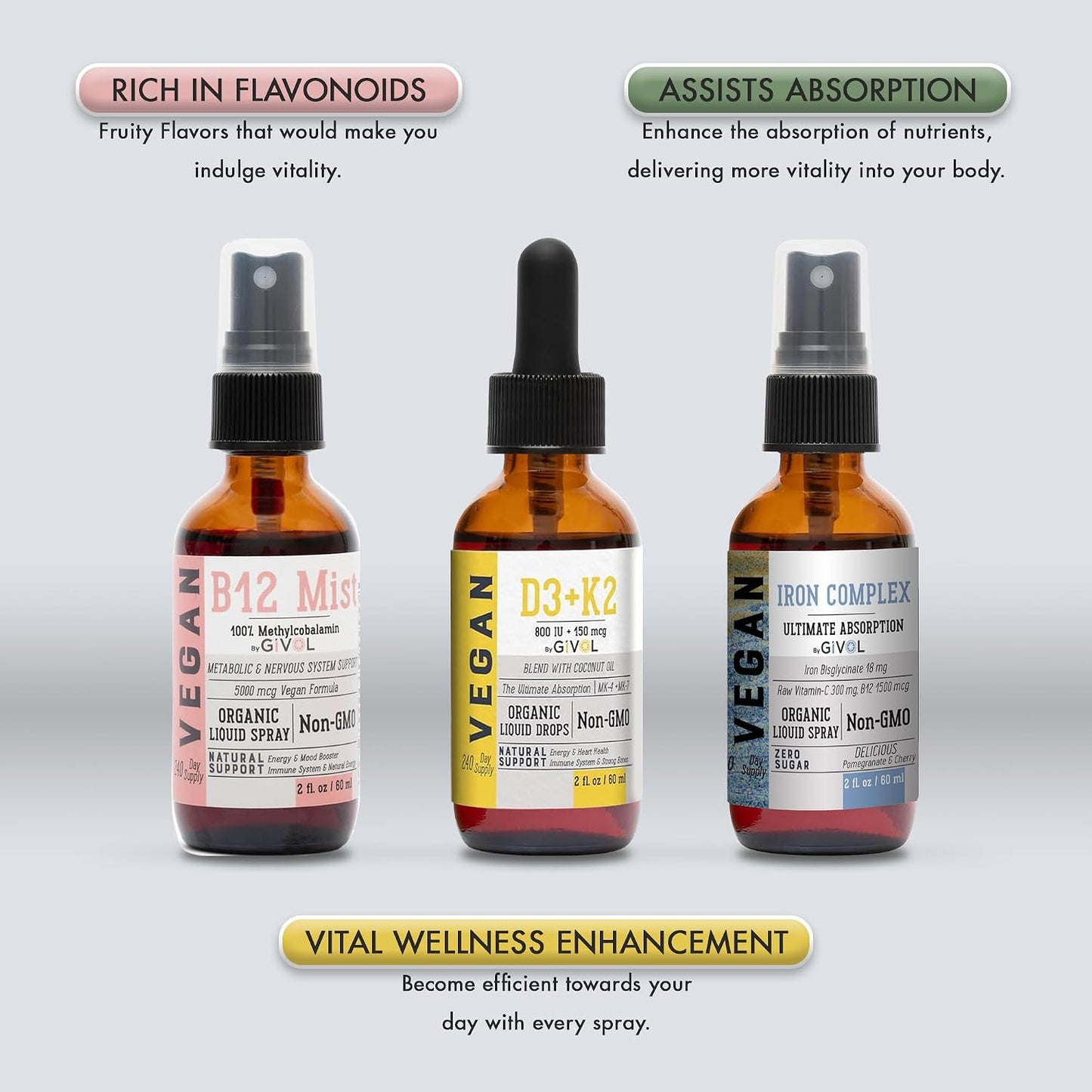 GIVOL Energy & Vitality Bundle Liquid Spray Trio - B12 Methylcobalamin, Iron Bisglycinate, and D3 (Lichen) & K2 (MK4 & MK7), Non-GMO, Gluten-free, Sugar-Free, 60 ml (540-Day Supply) - görsel 3