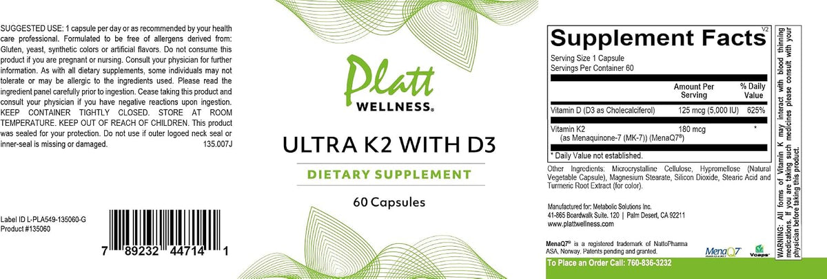 Platt Wellness Ultra K2 with D3 – Vitamin K2 (MK-7) + Vitamin D3 Supplement – 60 Capsules - görsel 2
