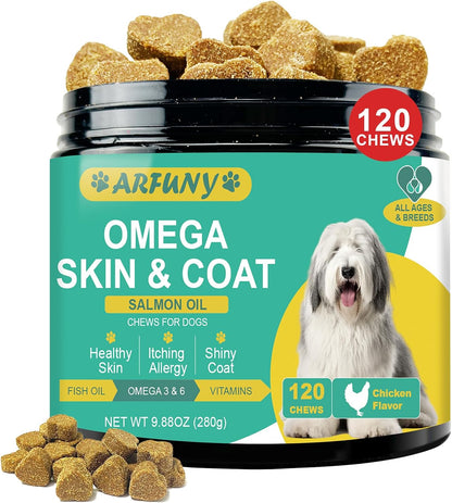 Omega-3 for Dogs - Skin and Coat Supplement with EPA & DHA - Fish Oil Chews with Salmon Oil & Vitamins - Chicken Flavour, 120 Chews
