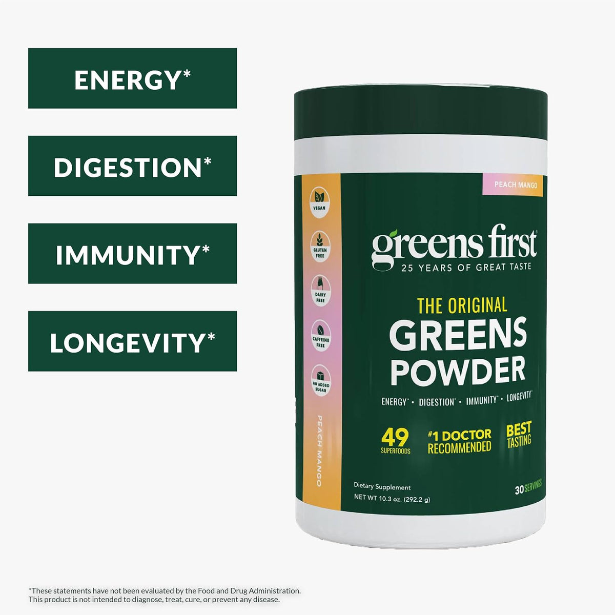 Greens First Original Greens Powder - 49 Superfoods, Organic Fruits & Veggies, Prebiotics, Probiotics & Digestive Enzymes - Peach Mango, 30 Servings - görsel 2