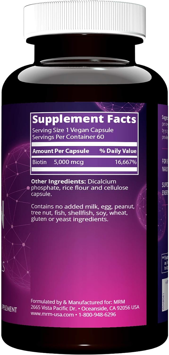 MRM Nutrition Biotin Capsules – 5000 mcg – 60 Servings | Vegan B7 Supplement for Hair, Skin and Nail Support - görsel 3
