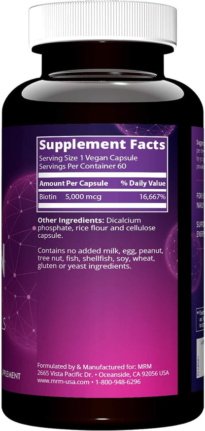 MRM Nutrition Biotin Capsules – 5000 mcg – 60 Servings | Vegan B7 Supplement for Hair, Skin and Nail Support