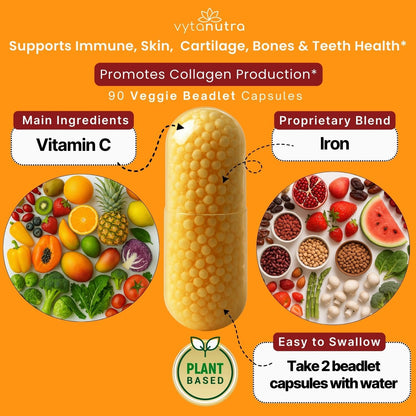 Vytanutra Immune Support Vitamin C – with Iron, Non-GMO, Vegan, Gluten-Free, Slow Release Beadlet Capsules, 90 Capsules