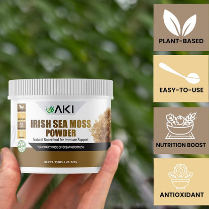 AKI Irish Sea Moss Powder – Rich in 92 Essential Minerals & Vitamins, Vegan, Non-GMO (170 g)