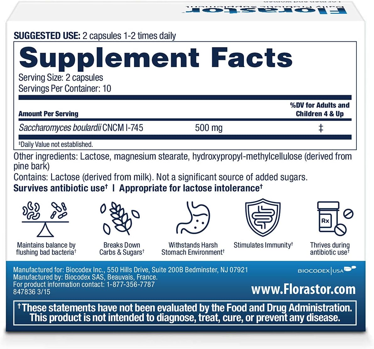 Florastor Daily Probiotic Food Supplement for Women and Men, Suitable for Uses with Antibiotics, Saccharomyces Boulardii CNCM I-745 (20 Capsules, Pack of 2) - görsel 2