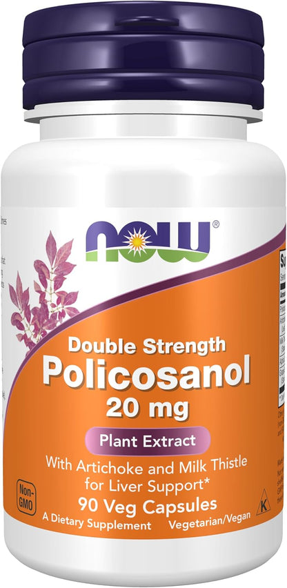 NOW Foods Policosanol 20 mg, Double Strength, Blend of Long-Chain Fatty Alcohols from Sugar Cane, 90 Veg Capsules