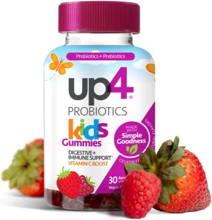 up4 Kids Probiotic Gummies, Digestive and Immune Support with Prebiotics and Vitamin C, Gelatine Free, Gluten-free and Non-GMO, For Ages 3+, 30 count