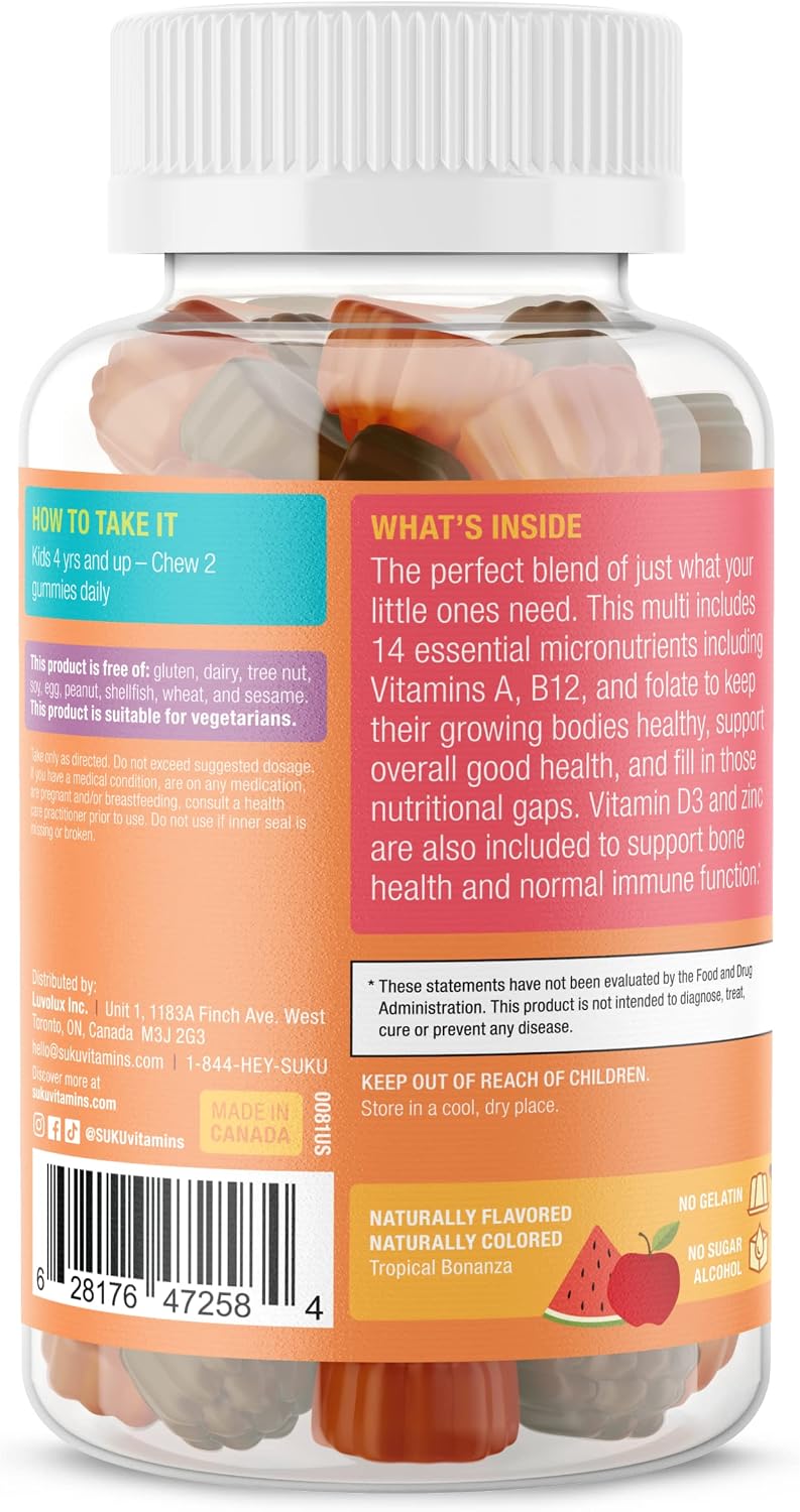 SUKU The Complete Kids Multivitamin Gummies – Sugar-Free, Gluten-Free, Non-GMO, Tropical Bonanza Flavour (60 Count) - görsel 3
