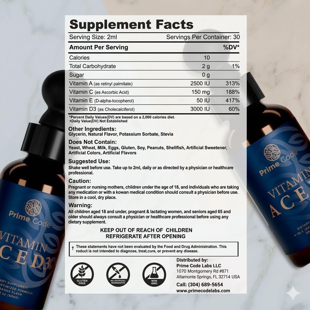 Prime Code Liquid Vitamin A Supplement with Vitamins C, D3 and E - Natural Orange, Non-GMO - görsel 3