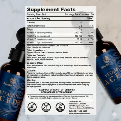Prime Code Liquid Vitamin A Supplement with Vitamins C, D3 and E - Natural Orange, Non-GMO