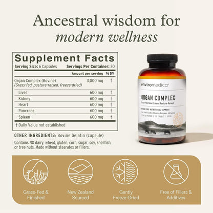 Enviromedica Grass-Fed Organ Complex: Freeze-Dried Beef Liver, Kidney, Heart and Pancreas (180 Capsules)