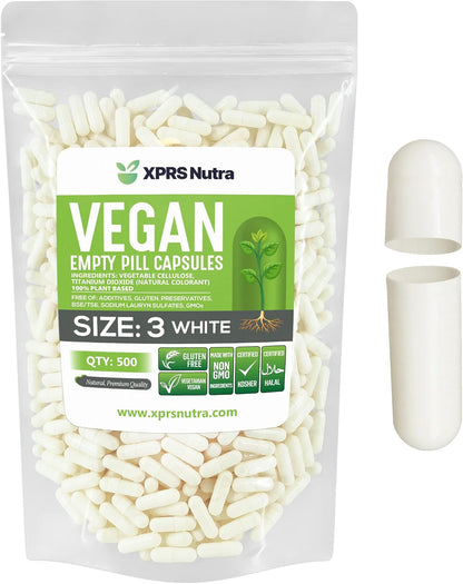 XPRS Nutra Size 3 Empty Capsules (500) - Plant-Based HPMC Capsules for Home Encapsulation