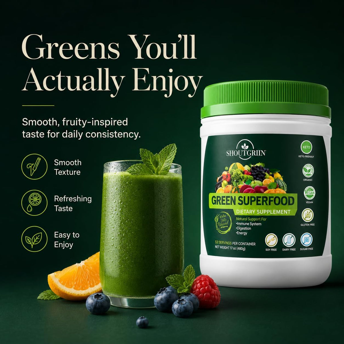 SHOUTGRIIN Green Superfood Powder – Organic Super Greens with 100 Billion CFU Probiotics & Digestive Enzymes - görsel 3