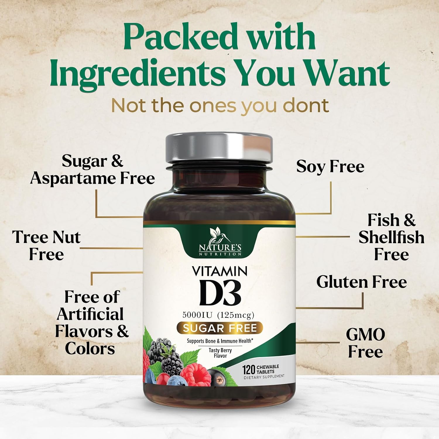 Nature's Nutrition Vitamin D3 5000 IU (125 mcg) Chewable Tablets – Extra Strength for Immune, Bone & Muscle Support – Sugar-Free, Gluten-free – 120 Count - görsel 7