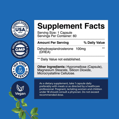 DHEA Supplement for Women & Men – 100mg per Serving – Hormone Balance Support – 60 Capsules