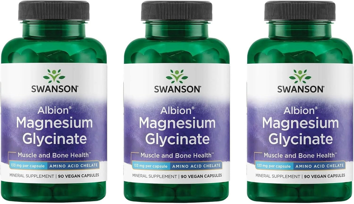 Swanson Albion Magnesium Glycinate - Chelated Magnesium Supplement - 90 Capsules (3 Pack) - görsel 1