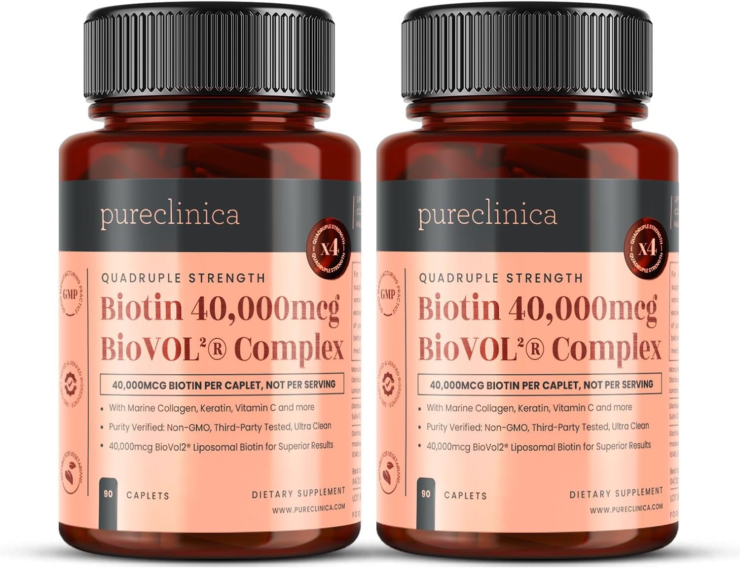 pureclinica 400% Strength Biotin 40,000mcg - 90 Caplets - BioVOL² Liposomal Biotin Complex with Marine Collagen, Keratin, Vitamin C and More - 3-Month Supply - görsel 8