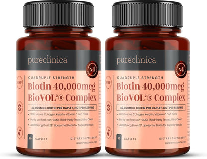 pureclinica 400% Strength Biotin 40,000mcg - 90 Caplets - BioVOL² Liposomal Biotin Complex with Marine Collagen, Keratin, Vitamin C and More - 3-Month Supply