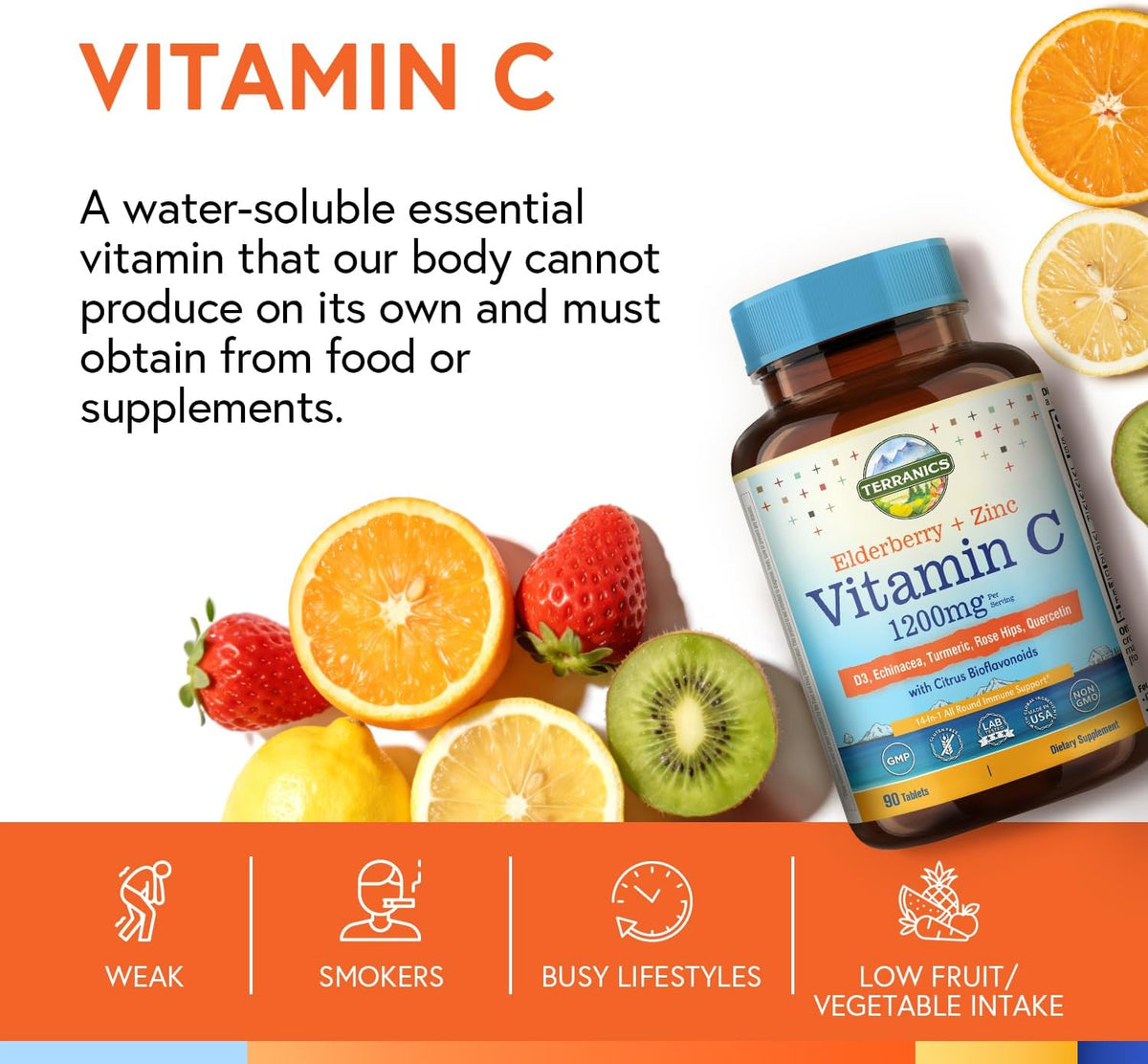 Terranics Vitamin C Elderberry Zinc, with Vitamin D3, A, B6, B12, Folate, Rose Hips, Citrus Bioflavonoids, Turmeric, Echinacea, 14-in-1 Daily Immune Support, 90 Tablets - görsel 5