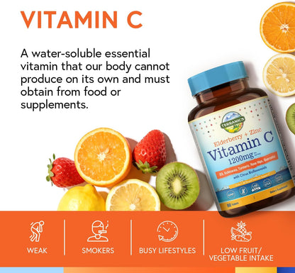Terranics Vitamin C Elderberry Zinc, with Vitamin D3, A, B6, B12, Folate, Rose Hips, Citrus Bioflavonoids, Turmeric, Echinacea, 14-in-1 Daily Immune Support, 90 Tablets
