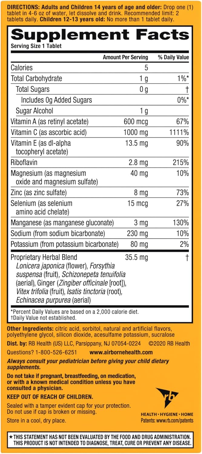 Airborne Vitamin C 1000mg Effervescent Tablets - Zesty Orange Flavour - 36 Tablets - Immune Support with Vitamins A, C, E, Zinc, Selenium, Echinacea & Ginger - Gluten-free - görsel 9