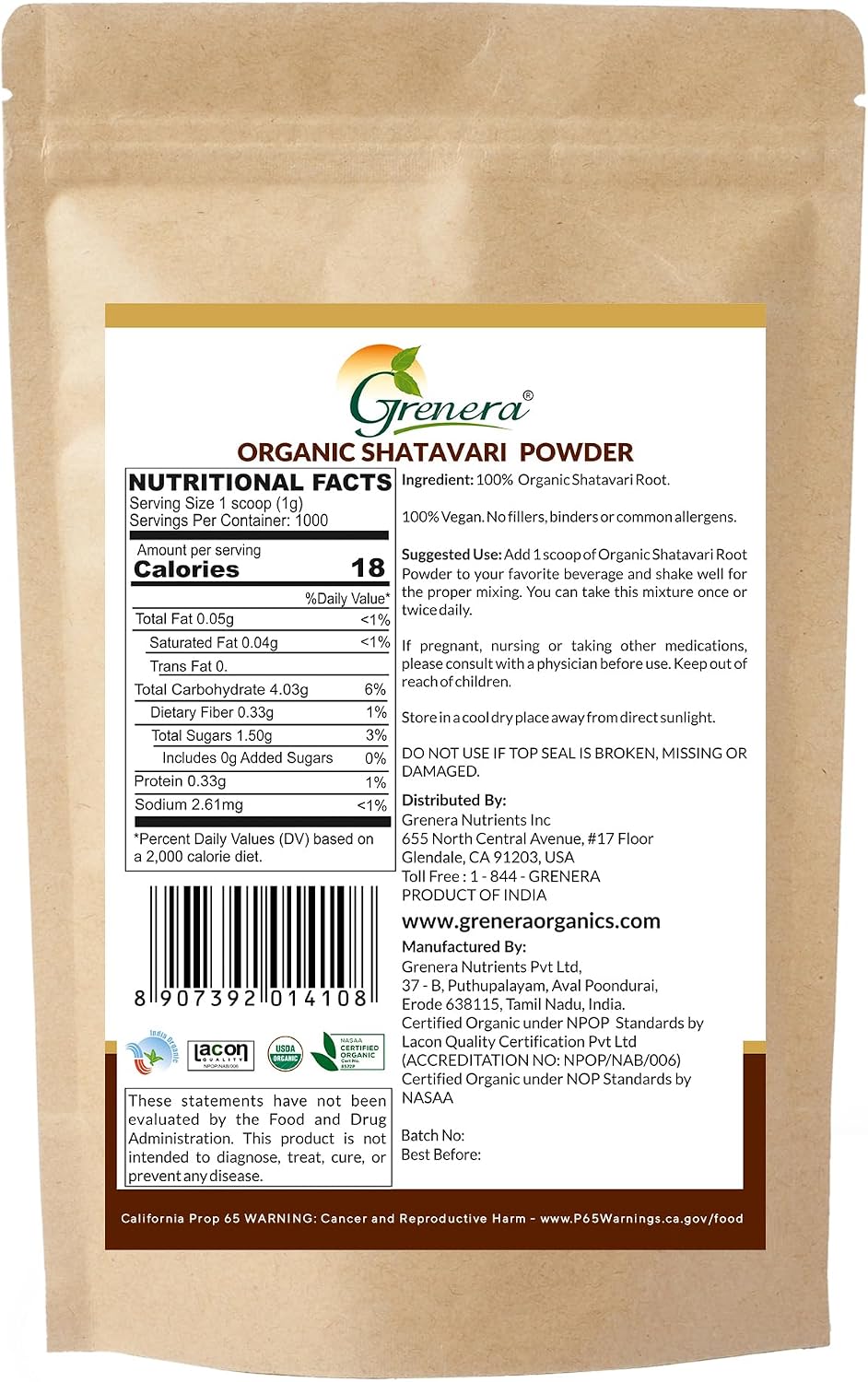 Grenera Organic Shatavari Root Powder | Single Ingredient, Non-GMO & Gluten-free | Asparagus racemosus | 1 kg - görsel 7