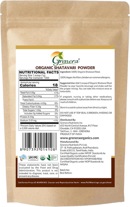 Grenera Organic Shatavari Root Powder | Single Ingredient, Non-GMO & Gluten-free | Asparagus racemosus | 1 kg