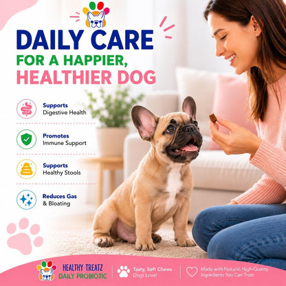 HealthyTreatz Probiotics for Dogs – 2 Billion CFU, 6 Strains with Digestive Enzymes – Gut Health, Diarrhoea Relief, Gas, Itchy Skin & Seasonal Allergy Support – Made in USA – Soft Chews, 120 ct