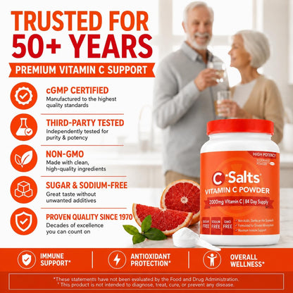 C-Salts Buffered Vitamin C Powder - Pure Organic, Stomach-Friendly Ascorbic Acid Vit C Drink for Daily Immune Support & Collagen Production - Vegan Non GMO Sugar Free - 272 Servings Blood Orange, 26oz (approx. 737g)