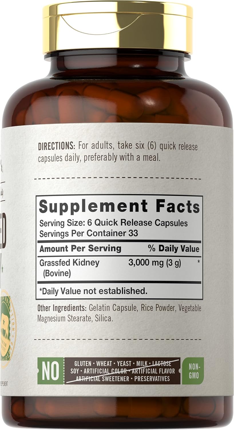 Carlyle Grass Fed Beef Kidney Supplement – 3000mg, 200 Capsules - görsel 1