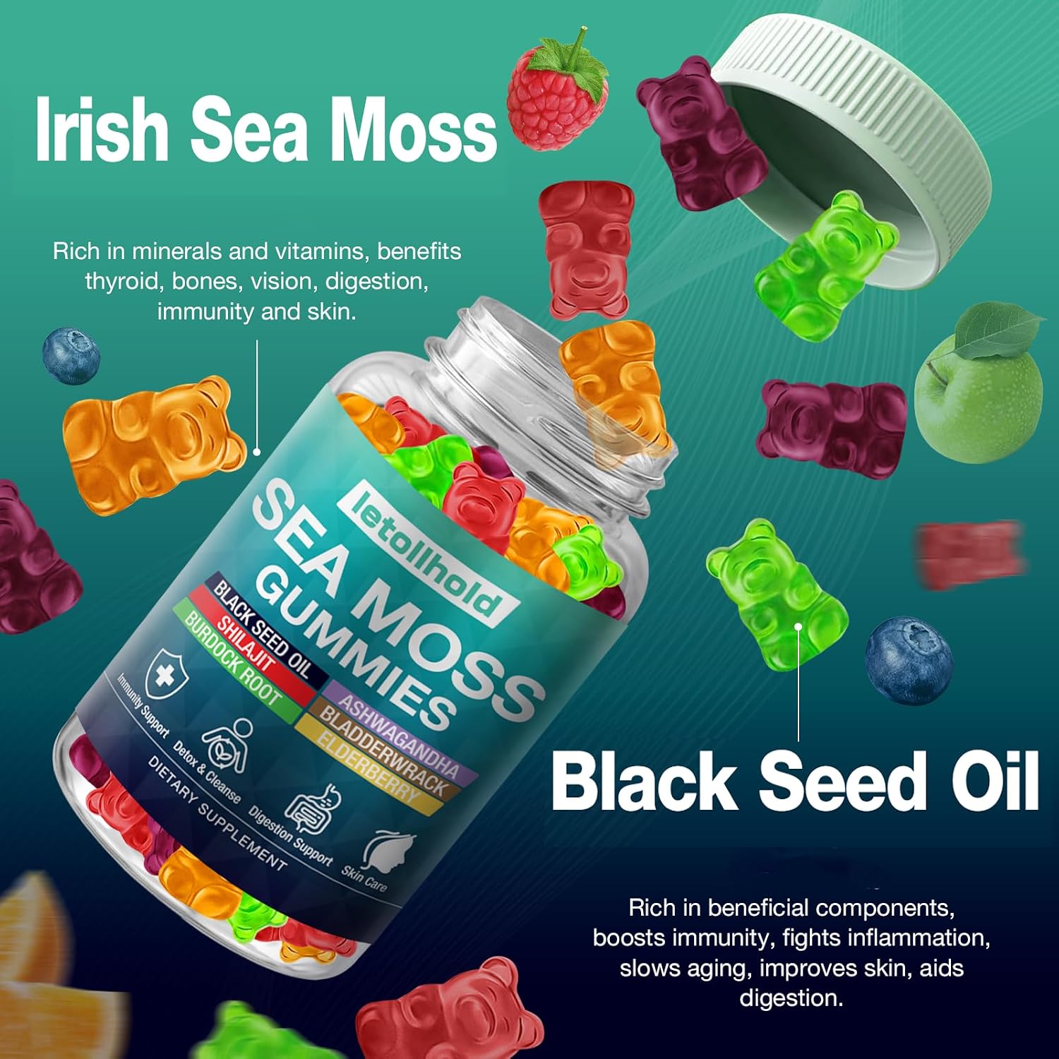 Sea Moss Gummies Advanced – Irish Sea Moss with Ashwagandha, Bladderwrack & Burdock Root (60 Vegan Gummies) - görsel 2